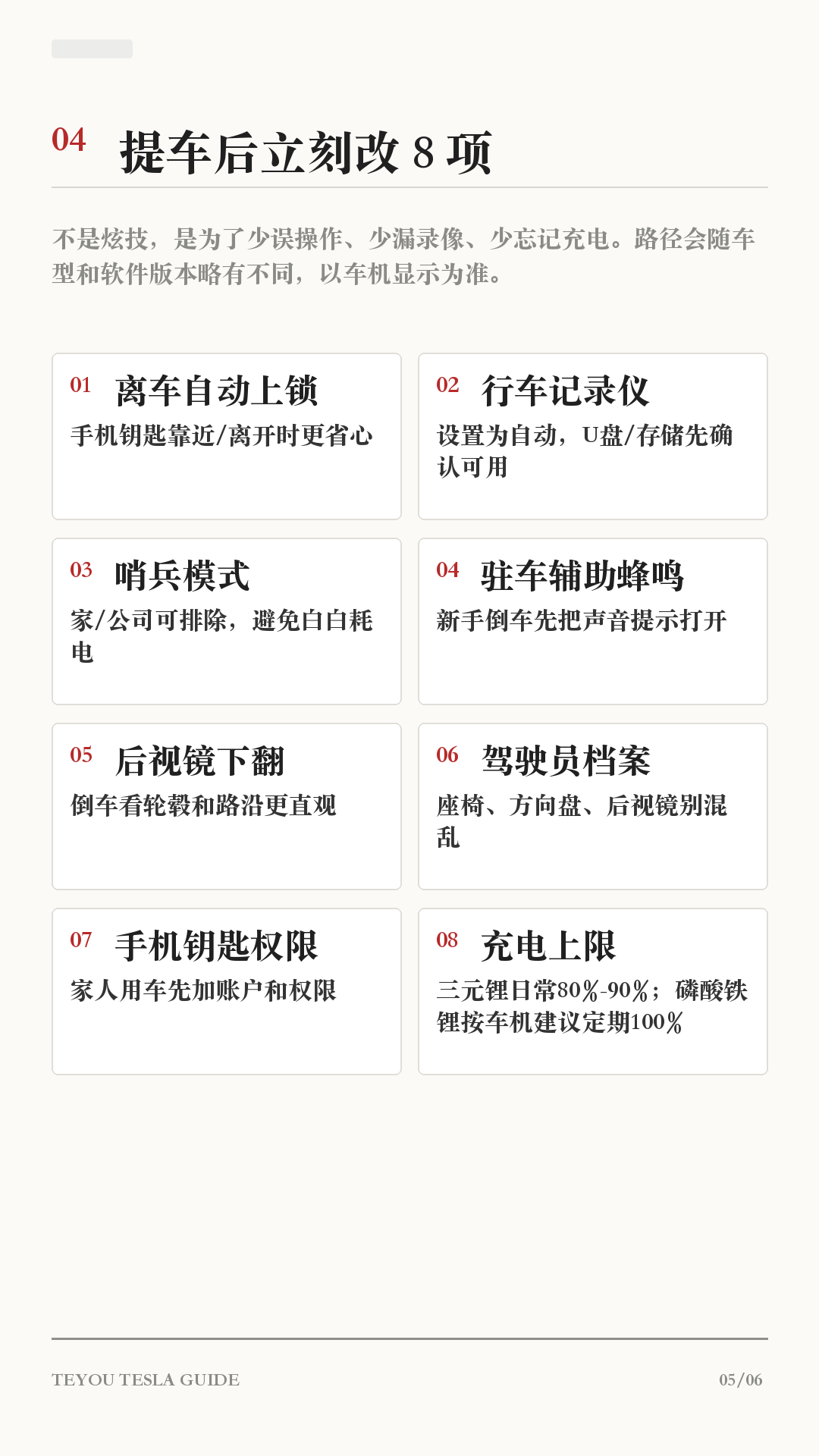 刚提特斯拉别急着开走!这23项照着查
这篇给第一次提特斯拉的新车主。
交付现场不要只顾着拍照,先按这份清单查一遍:外观、车内、资料、设置,一项项过完再签收。很多小问题,现场写进备注最容易处理;出了门再沟通,就会麻烦很多。
重点记住:
1. 车漆、玻璃、缝隙、轮毂先绕车看一圈
2. 屏幕、空调、车窗、后备箱当场试
3. VIN、发票、保险、临牌别核错
4. 行车记录仪、哨兵、倒车提示、手机钥匙提车后马上设好
不同车型和软件版本路径可能略有差异,以你的车机显示为准。
#特斯拉 #特斯拉提车 #特斯拉验车 #特斯拉新手 #特斯拉ModelY #特斯拉Model3 #新能源汽车 #提车攻略 #用车技巧