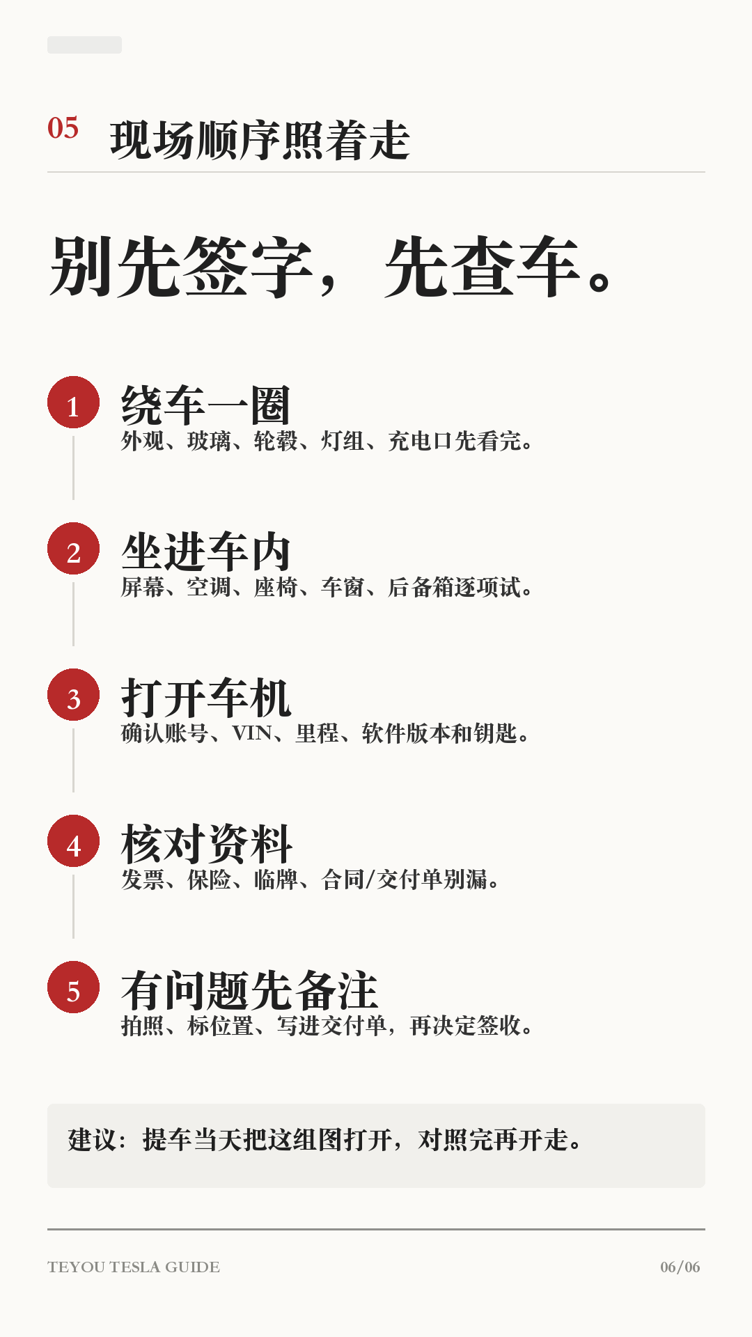 刚提特斯拉别急着开走!这23项照着查
这篇给第一次提特斯拉的新车主。
交付现场不要只顾着拍照,先按这份清单查一遍:外观、车内、资料、设置,一项项过完再签收。很多小问题,现场写进备注最容易处理;出了门再沟通,就会麻烦很多。
重点记住:
1. 车漆、玻璃、缝隙、轮毂先绕车看一圈
2. 屏幕、空调、车窗、后备箱当场试
3. VIN、发票、保险、临牌别核错
4. 行车记录仪、哨兵、倒车提示、手机钥匙提车后马上设好
不同车型和软件版本路径可能略有差异,以你的车机显示为准。
#特斯拉 #特斯拉提车 #特斯拉验车 #特斯拉新手 #特斯拉ModelY #特斯拉Model3 #新能源汽车 #提车攻略 #用车技巧