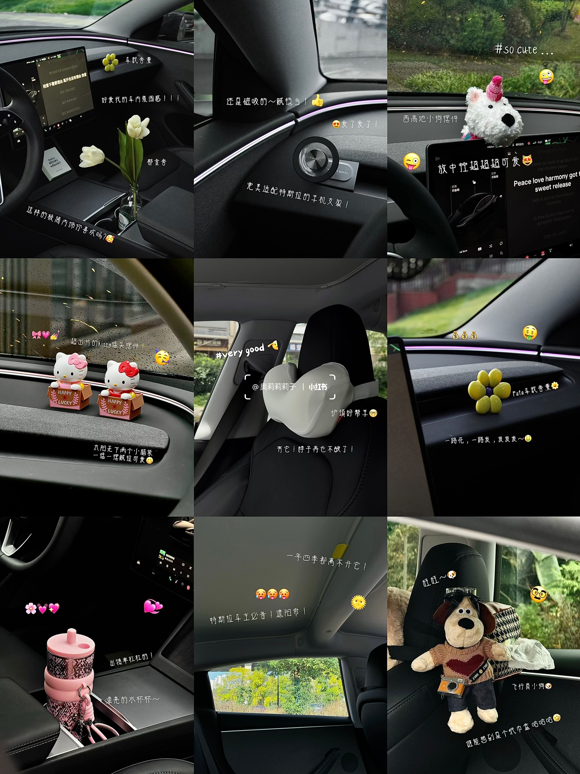 特斯拉女车主私藏✨ 可爱与实用的车载好物🚗 之前总有人说特斯拉内饰像 “毛坯房”🙂‍↔️
30+姐姐偏要反向爆改！😎
靠这些私藏可爱小物
把车改成超治愈移动小窝💕
	
颜值 + 实用 + 松弛感全在线💖
通勤路上直接封神✨
再忙也要用小美好宠爱自己呀～🥳
	
🌼花花车载香薰
“一路花一路发”💰🤩！小花造型超乖🌸闺蜜上车就追着问链接
	
💐郁金香仿真花
被问超多的郁金香fafa，实则是仿真花，瞬间提升车内格调～
	
📱手机支架 ：和特斯拉完美贴合，导航再也不用手忙脚乱，“啵啵”一放稳当当，实用党狂喜！
	
🐻西高地小狗摆件
软fufu超治愈，放中控当“副驾搭子”，堵车时看它心情都变好
	
🎀Kitty 摇头摆件
阳光下的小甜妹组合！
一粉一红超吸睛，少女心爆棚🌸
	
💺护颈好帮手
开车久坐脖子酸？不存在的！
支撑力 max + 奶白云朵造型☁舒适度 & 颜值双在线
	
🎀粉粉嫩嫩水杯
像给杯子穿件 “小礼服”🥛喝水仪式感直接拉满～
粉糯糯配色超戳少女心
	
🌞特斯拉遮阳帘
车主必备！不管啥季节，有它车内立马降温，再也不怕晒成 “黑煤球”
	
🐶飞行员小狗纸巾盒
可爱 + 实用双 buff🐕挂后座当“小乘客”，实用又萌～
	
这些小登西往车上一摆
特斯拉直接变身移动可爱城堡🏰
实用又能装点氛围，特斯拉车友们快抄作业！
	
#RCC看车节 #成都车展 #不止看车更看生活#特斯拉 #车载好物 #女生车里有什么 #我爱我的车搭子 #女生车饰 #一人一件车载好物 #氛围感车内饰 #特斯拉车主 #Tesla #汽车好物 #提升车内氛围 #车载好物 #汽车博主 #model3 #车载香薰推荐 #车内好物推荐 #车内高颜值好物 #开车必备 #车内必备好物 @奥莉莉莉子