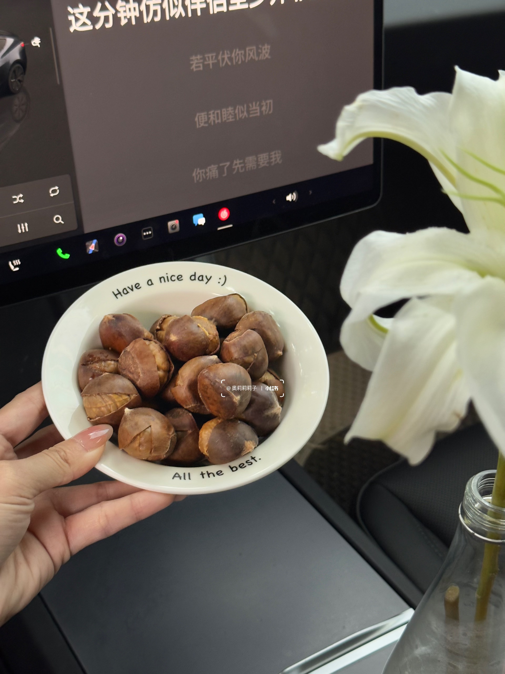 30+特斯拉女车主｜副驾私藏的秋日甜🍂 早八堵在高架上的痛谁懂啊！
打工人通勤哪能少了“快乐补给”～✨
作为30+精致打工人
通勤仪式感从不敷衍！
入秋后就馋那口暖乎乎的烤栗子
薛记的锁鲜烤栗子🌰直接封～神～
	
现烤的才有灵魂！
230°C恒温慢烤，拿到手还烫指尖
剥开焦糖色的壳，绵密果肉直冒甜香
颗颗圆滚滚饱满，关键剥壳超顺溜
	
开车等红绿灯时随手捏一颗
不粘手不费劲儿
完全不耽误看路况
堵车间隙塞嘴里
栗子的甜瞬间冲散起床气
连方向盘都握得更顺了～
	
打工再累，副驾的小温暖不能少！
这袋栗子🌰
让40分钟通勤路都成了小确幸呀～
	
#车载好物 #特斯拉女车主 #秋天的第一口栗子 #薛记炒货栗子 #薛记必买清单 #薛记炒货板栗 #薛记现烤家族 #薛记炒货 #薛记炒货推荐 #薛记栗子节 #薛记锁鲜烤栗子 #女生副驾驶 #女生车里有什么 #车内氛围感 #女生车饰 #车内好物 #吃一口秋天 @奥莉莉莉子