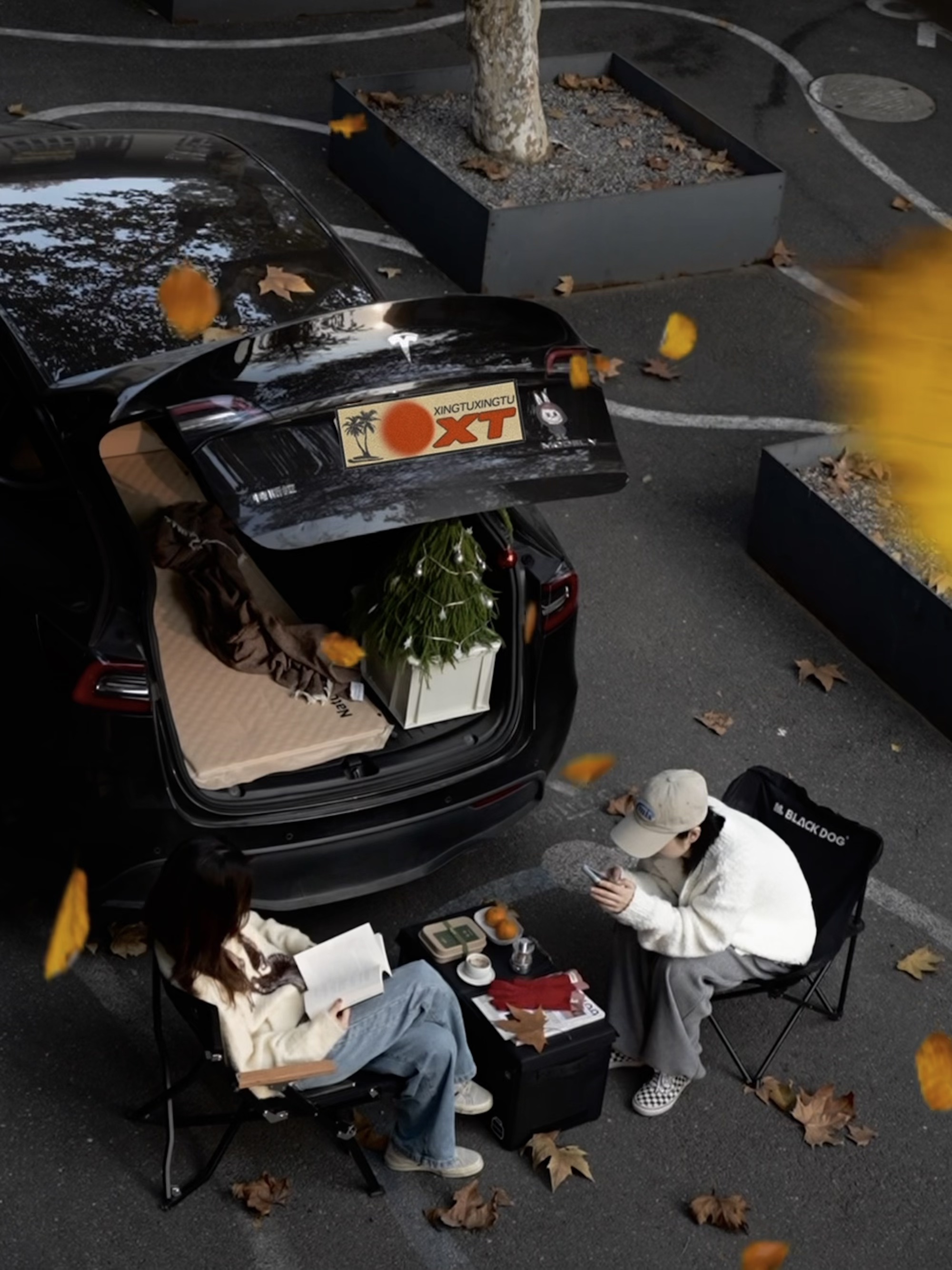 🔴𝚃𝚎𝚜𝚕𝚊｜“循环在自己的喜欢里” 梧桐叶缓缓飘落的午后，
打开后备箱——露营椅，
一杯桂花茶，一小棵圣诞树。
不多，却足够让这个十二月的缝隙透进光。
	
风穿过枝桠，
沙沙声里藏着时间的密语。
	
最简单的拥有，
往往最接近自由。
在循环的日常里，
打捞属于自己的粼粼波光。
	
#汽车博主 #特斯拉 #女生车内饰 #12月 #圣诞氛围 #圣诞树装饰 #特斯拉modely #女性成长 #碎片是生活的记录 #后备箱露营 @➰YY.