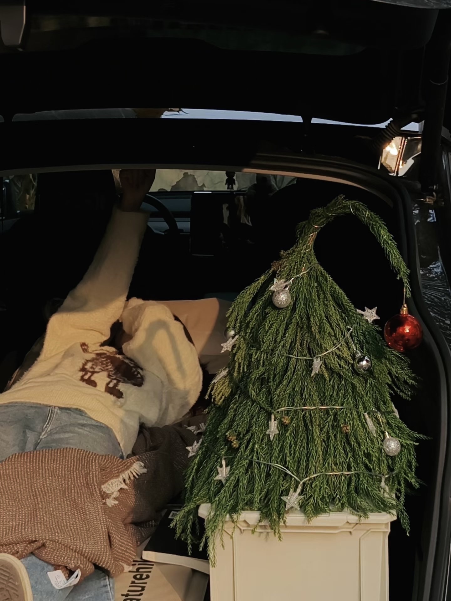 🔴𝚃𝚎𝚜𝚕𝚊｜“循环在自己的喜欢里” 梧桐叶缓缓飘落的午后，
打开后备箱——露营椅，
一杯桂花茶，一小棵圣诞树。
不多，却足够让这个十二月的缝隙透进光。
	
风穿过枝桠，
沙沙声里藏着时间的密语。
	
最简单的拥有，
往往最接近自由。
在循环的日常里，
打捞属于自己的粼粼波光。
	
#汽车博主 #特斯拉 #女生车内饰 #12月 #圣诞氛围 #圣诞树装饰 #特斯拉modely #女性成长 #碎片是生活的记录 #后备箱露营 @➰YY.